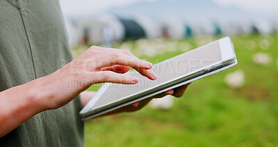 Buy stock photo Tablet, chicken and farm with person, hands and inspection for agriculture and quality control. Feeding schedule, poultry monitoring and technology with farmer on countryside field for egg records