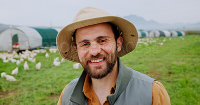 Buy stock photo Agriculture portrait, man and smile on chicken farm for sustainability, egg production or livestock. Poultry industry, farmer or happy in countryside for flock management, agro worker or compliance