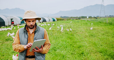 Buy stock photo Agriculture, man and tablet on chicken farm for poultry inspection, animal health and livestock update. Space, farmer and tech in countryside for agro worker, protein production and quality control