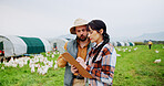 Agriculture, people or talking with clipboard on chicken farm for flock health, quality control or inspection. Poultry, farmer and team with checklist for egg production, planning or livestock update