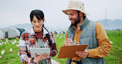 Buy stock photo Agriculture, people or tablet with clipboard on chicken farm for flock health, quality control or inspection. Poultry, farmer and team with tech for egg production, agro business and livestock update