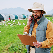 Farm Source Call Phone call, chicken and farm with man, clipboard and inspection for ...