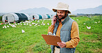 Phone call, chicken and farm with man, clipboard and inspection for agriculture and quality control. Feeding schedule, poultry monitoring and contact with farmer on countryside field for egg records