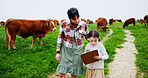 Cows, farming or mother with girl, clipboard or checklist with nature, cattle inventory or growth. Farmer, parent or mama with daughter, agriculture or animal herd tracking with sustainability report