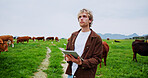 Man, tablet and thinking with farming, cattle or checklist for livestock management with space. Person, farmer and cows with app, review and agriculture with food production stats in countryside