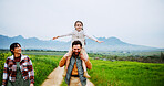 Portrait, grass field or parents piggyback child for bonding, love or connection for weekend vacation. Countryside holiday, space or happy people with support for girl, outdoor fun for relationship