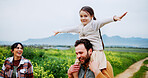 Portrait, countryside or parents piggyback child for bonding, love or connection for weekend vacation. Farm holiday, space or happy people with support for girl, laugh or outdoor fun for relationship