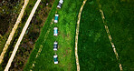 Aerial, agriculture and coop on chicken farm for free range or organic sustainability of environment. Above, agribusiness and space with hen house on green landscape for livestock or poultry industry