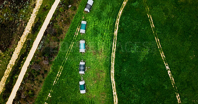 Buy stock photo Aerial, agriculture and coop on chicken farm for free range or organic sustainability of environment. Above, agribusiness and space with hen house on green landscape for livestock or poultry industry
