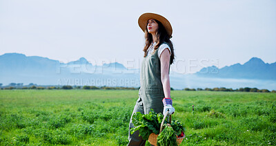 Buy stock photo Thinking, farmer and woman with spinach in farm, harvest or natural produce for sustainable business. Outdoor, person and vegetables in countryside, walking and growth for agriculture and space