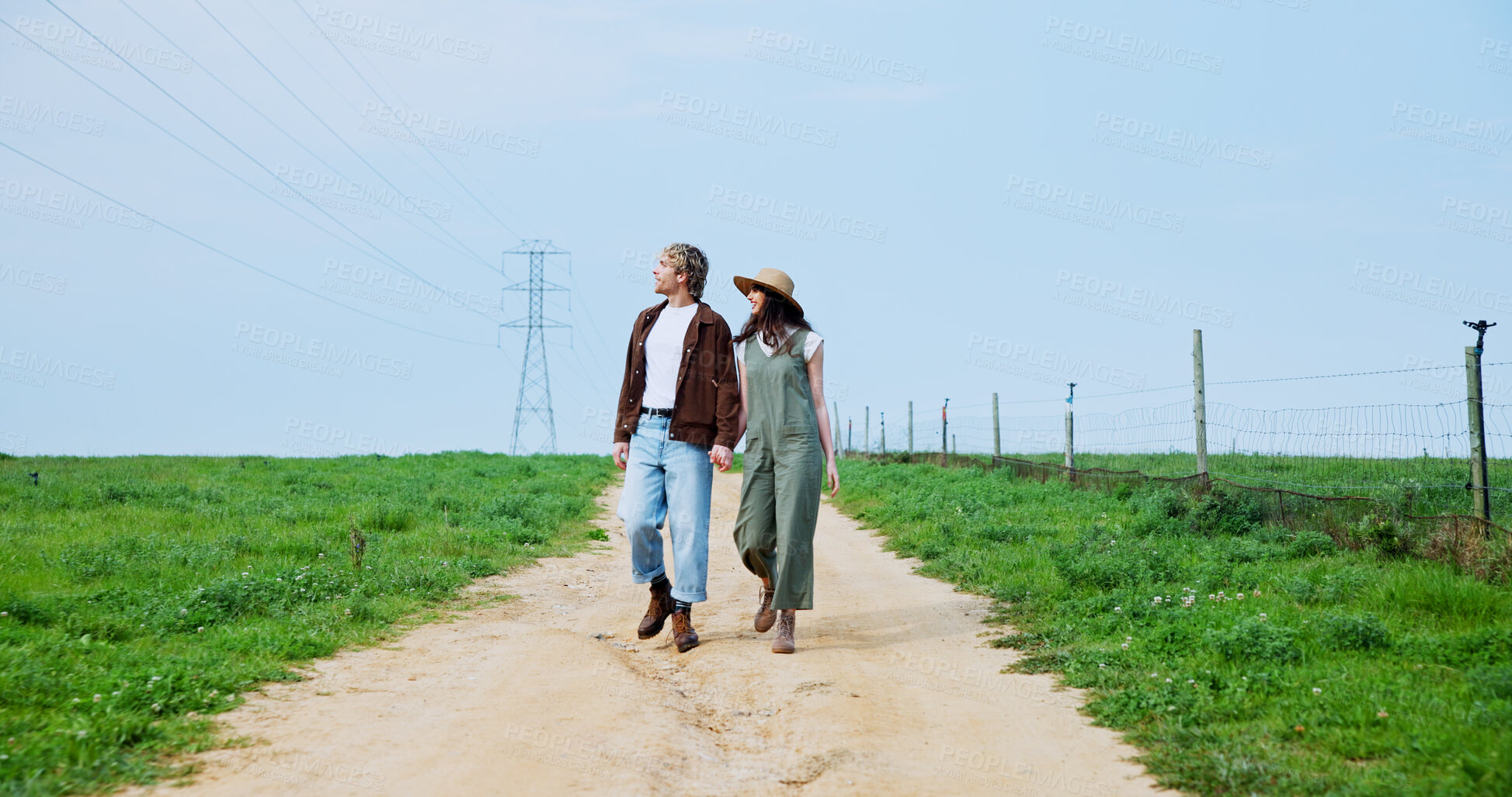 Buy stock photo Thinking, couple and holding hands with love in countryside for travel, romantic date or getaway holiday. People, walk and sightseeing with partner, explore nature and bonding together in grass field