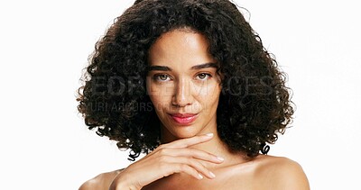 Buy stock photo Smile, skincare and portrait of woman in studio for dermatology, natural hairstyle and beauty. Cosmetics, face and confident female model with self care, aesthetic and wellness on white background