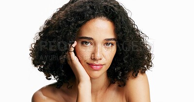 Buy stock photo Beauty, skincare and portrait of woman in studio for natural dermatology, cosmetology and glow. Cosmetics, face and female model with self care, hairstyle aesthetic and wellness on white background