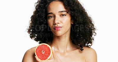 Buy stock photo Skincare, grapefruit and portrait of woman in studio with beauty, natural or organic cosmetics. Vitamin c, hydration and female person with citrus fruit for facial dermatology by white background.