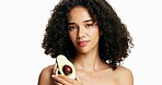 Skincare, avocado and portrait of woman in studio with beauty, natural or cosmetics routine. Glow, hydration and female person with fruit for facial moisturizing and cleansing by white background.