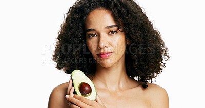 Buy stock photo Skincare, avocado and portrait of woman in studio with beauty, natural or cosmetics routine. Glow, hydration and female person with fruit for facial moisturizing and cleansing by white background.