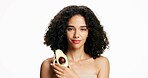 Skincare, glow and portrait of woman with avocado in studio with beauty, natural or cosmetics routine. Face, hydration and person with fruit for facial moisturizing and cleansing by white background.