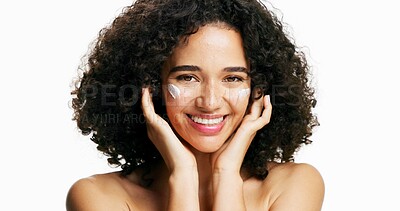 Buy stock photo Skincare, cream and portrait with woman in studio for self care, hydration and sunscreen. Dermatology, shine and uv protection with person on white background space for aesthetic, lotion and facial