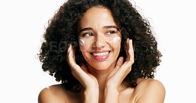 Buy stock photo Skincare, cream and beauty with woman in studio for self care, hydration and sunscreen. Dermatology, shine and uv protection with person on white background space for aesthetic, lotion and facial