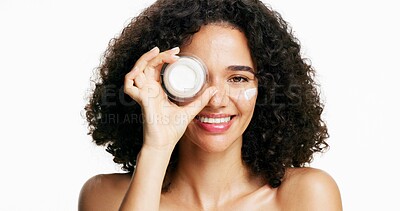 Buy stock photo Portrait, woman and lotion for skincare in studio for patch test, hydration and healthy skin. Gen z, person and cream product for moisturizing, collagen treatment and natural glow on white background