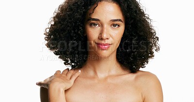 Buy stock photo Beauty, portrait and wellness with woman in studio for cosmetics or skincare results. Aesthetic, dermatology and natural hair with confident model isolated on white background for self care benefits