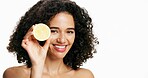 Happy woman, portrait and skincare with lemon in studio for vitamin C on a white background. Female person, model or smile with natural organic cirtrus fruit for antioxidant or detox on mockup space
