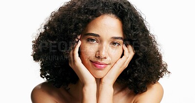 Buy stock photo Beauty, glow and portrait of woman in studio for cosmetics or skincare results. Aesthetic, dermatology and natural hair with happy model person isolated on white background for self care benefits