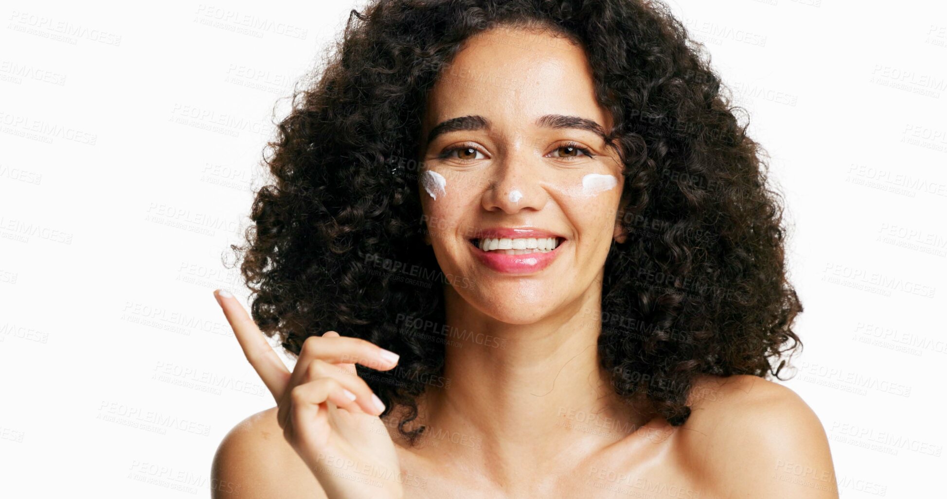 Buy stock photo Portrait, woman and sunscreen for skincare in studio for patch test, hydration and healthy skin. Gen z, person and lotion for moisturizing, collagen treatment and cosmetics shine on white background