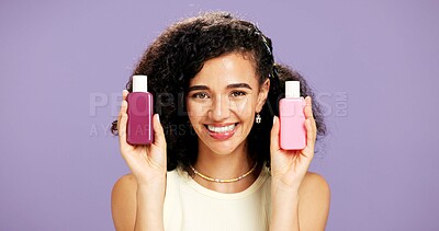 Buy stock photo Happy woman, portrait and skincare with beauty products for cosmetics on a purple studio background. Female person, smile and hydration with dermatology or retinol for vitamin C or facial treatment