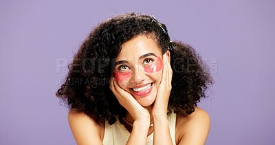 Buy stock photo Happy woman, thinking and eye patches with beauty in studio for hydration on a purple background. Female person, model or contemplating with smile, mask or hyaluronic acid for collagen or antiaging