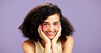 Happy woman, portrait or eye patches with beauty in studio for hydration on a purple background. Female person, model or smile with mask or hyaluronic acid for facial treatment, collagen or antiaging