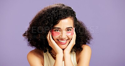 Buy stock photo Happy woman, portrait or eye patches with beauty in studio for hydration on a purple background. Female person, model or smile with mask or hyaluronic acid for facial treatment, collagen or antiaging