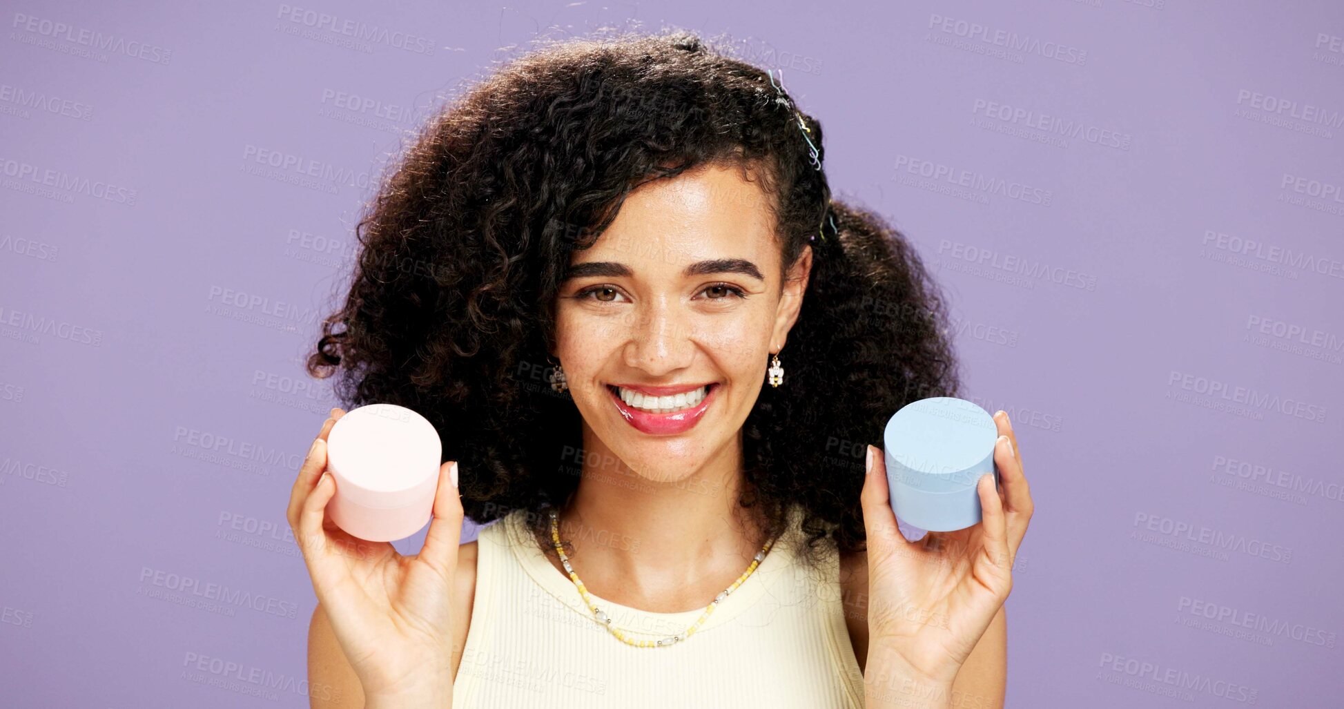 Buy stock photo Beauty, cream and portrait of woman in studio for skincare selection, hydration and cosmetics. Dermatology, vitamin c glow and self care with person on purple background space for retinol facial