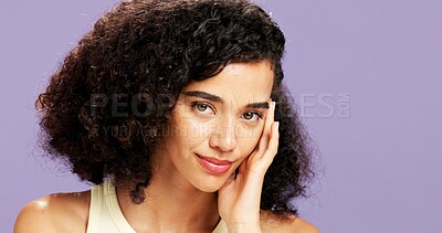 Buy stock photo Portrait, proud and woman with beauty in studio for hydration, healthy skin and makeover change. Confident, gen z and person with makeup for aesthetic, cosmetology and self care on purple background