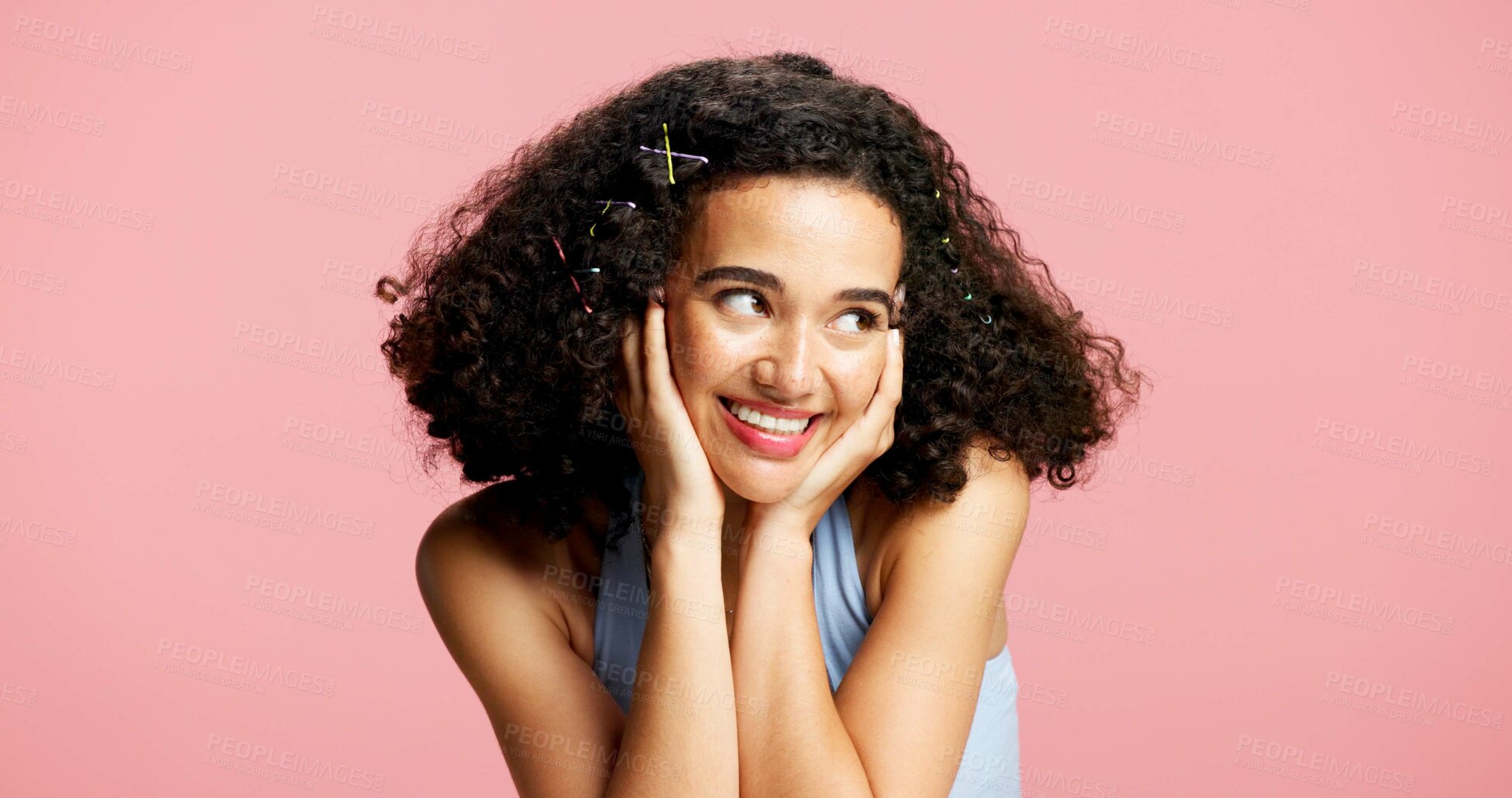 Buy stock photo Thinking, woman and makeup for beauty in studio with cosmetics, natural glow and makeover. Space, gen z and female person with thoughts, healthy skin and facial shine for self care on pink background