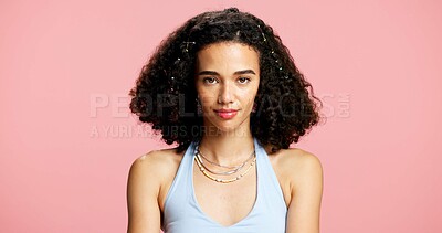 Buy stock photo Portrait, skincare and woman in studio, cosmetics and dermatology with curly hair on pink background. Mockup space, gen z or person with shine, glow or beauty with hairstyle, healthy skin or wellness