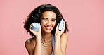 Beauty, portrait and product with happy woman in studio for cream or lotion recommendation. Container, moisturizer and skincare with excited model isolated on pink background for cosmetic marketing