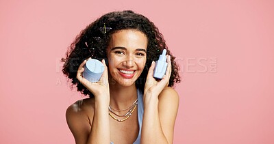 Buy stock photo Beauty, portrait and product with happy woman in studio for cream or lotion recommendation. Container, moisturizer and skincare with excited model on mockup space or pink background for cosmetics