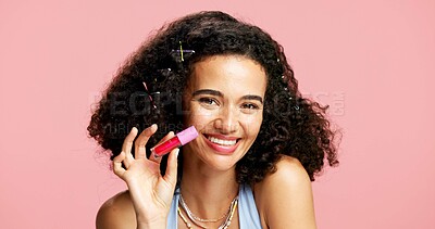 Buy stock photo Beauty, portrait or woman with red lip gloss in studio, cosmetic product or color treatment for shine. Lipstick, glow finish or person with mouth makeup for aesthetic, mockup space or pink background