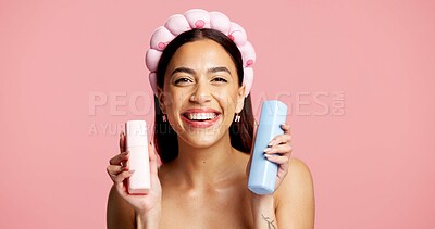 Buy stock photo Portrait, skincare and woman with product in studio, beauty treatment or headband for wellness shine. Healthy glow, clear skin or person with facial cleanser for dermatology, space or pink background