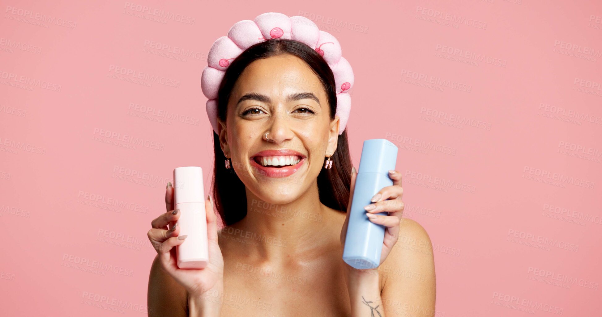 Buy stock photo Portrait, skincare and woman with product in studio, beauty treatment or headband for wellness shine. Healthy glow, clear skin or person with facial cleanser for dermatology, space or pink background