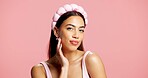 Skincare, beauty and portrait of woman in studio for facial, collagen benefits and self care. Dermatology, aesthetic and glow with person on pink background space for hydration, shine and cosmetology