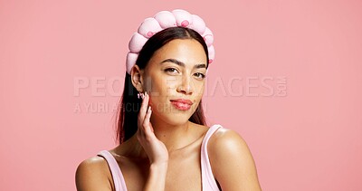 Buy stock photo Skincare, beauty and portrait of woman in studio for facial, collagen benefits and self care. Dermatology, aesthetic and glow with person on pink background space for hydration, shine and cosmetology