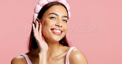 Buy stock photo Beauty, smile and portrait of woman in studio for facial, collagen benefits and self care. Dermatology, aesthetic and glow with person on pink background space for hydration, shine and skincare