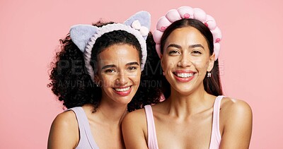 Buy stock photo Happy, skincare and portrait of girl friends in studio for natural, beauty or cosmetics for wellness. Smile, support and female people with dermatology for facial glow or hydration by pink background