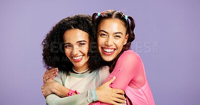 Buy stock photo Hug, skincare and portrait of friends in studio for support, beauty and aesthetic glow. Bonding, gen z connection and cosmetology with women on purple background for self care, shine and smile