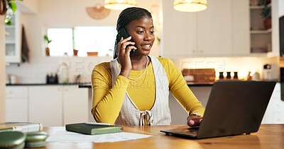 Buy stock photo Phone call, review or black woman in house with laptop, source contact or magazine update in remote work. WFH, news or journalist at table with tech, networking or story pitch for digital publication