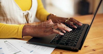 Buy stock photo Hands, laptop and typing with person at table in home office for remote work or startup research. Computer, keyboard and report with freelance entrepreneur at desk in apartment for small business