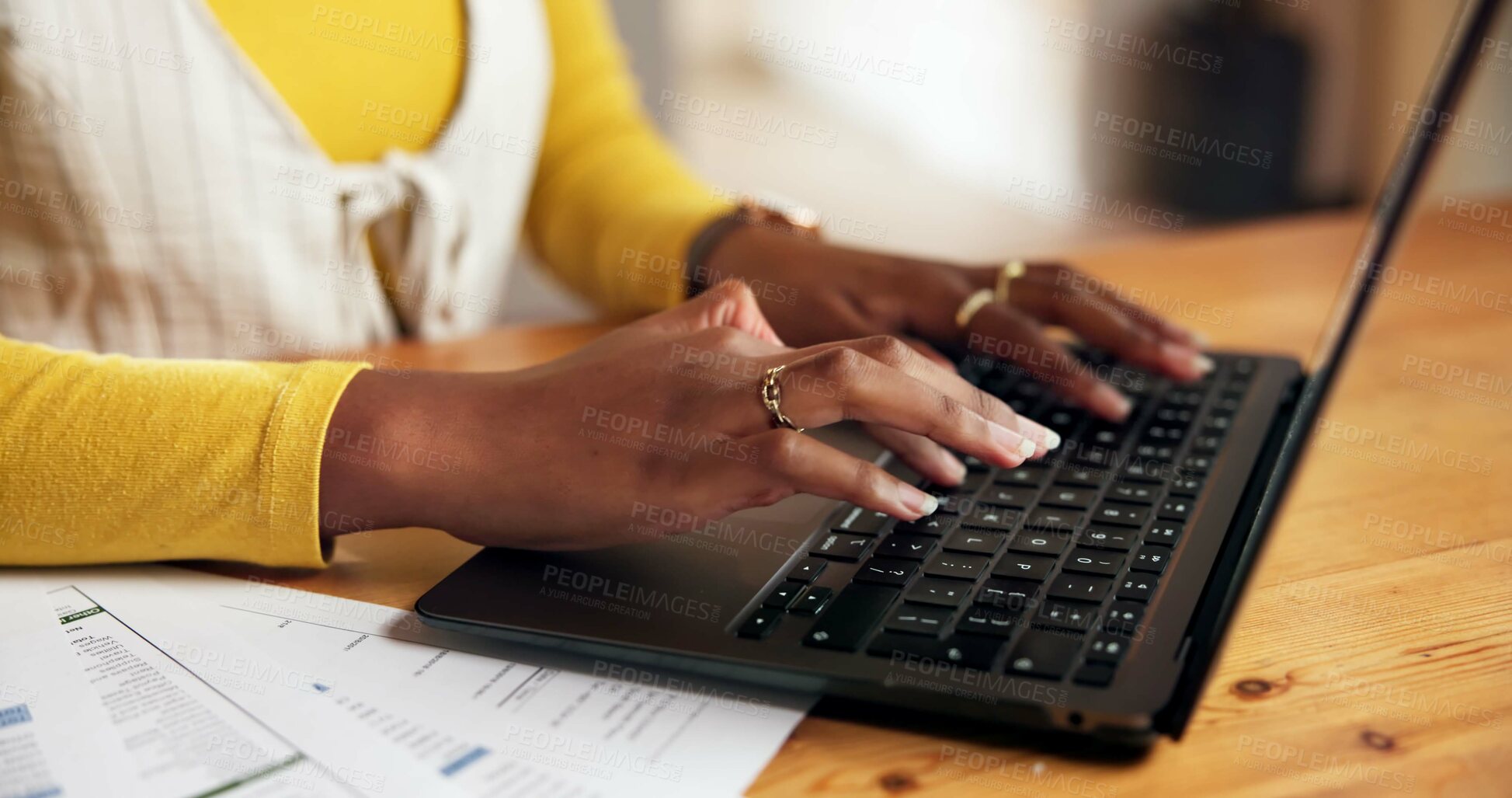 Buy stock photo Hands, laptop and typing with person at table in home office for remote work or startup research. Computer, keyboard and report with freelance entrepreneur at desk in apartment for small business