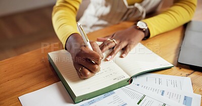 Buy stock photo Woman, hands and writing in home with notebook for to do list, household bills and administration. Person, notes and planning in apartment with diary for monthly expenses, budget and task priority.